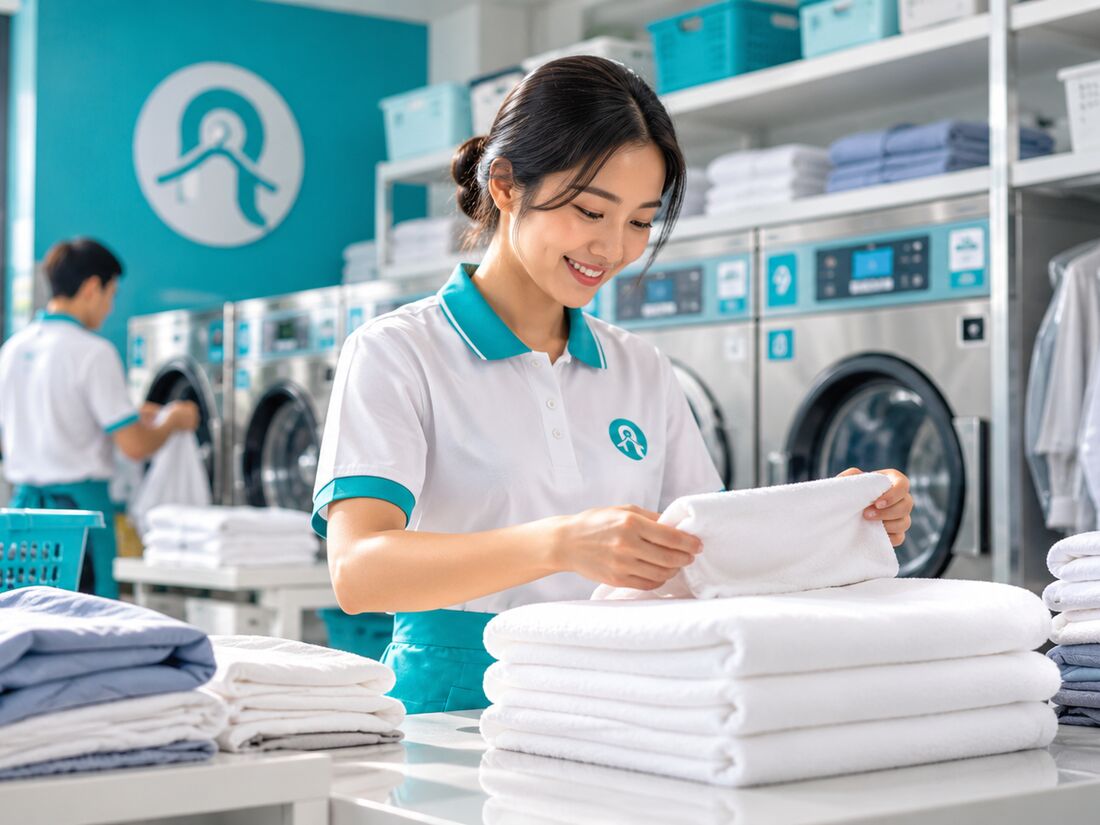 Petugas laundry melipat handuk putih yang baru selesai dicuci