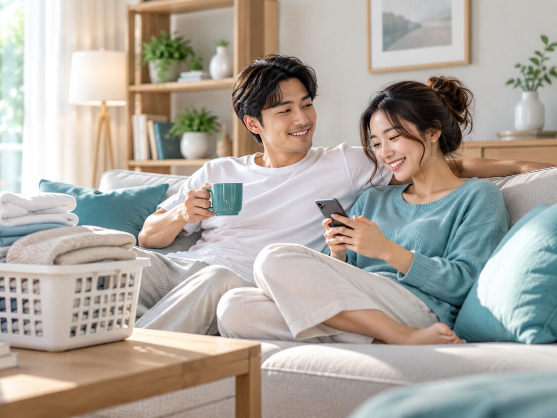 Pasangan bersantai di sofa sambil melihat ponsel, di samping keranjang cucian yang sudah terlipat